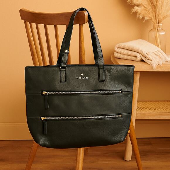 Vince Camuto Black Leather Meg Tote Bag Women’s Purse Gold Zip Detail 18x12 - Picture 1 of 15